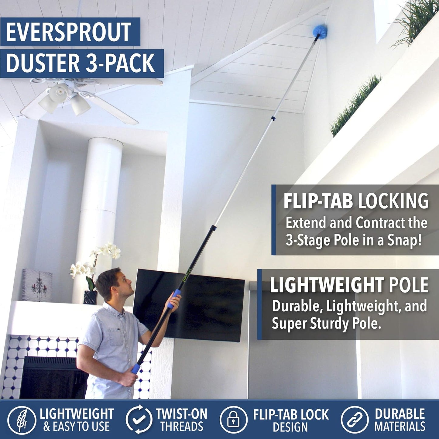5-To-12 Foot Duster 3-Pack with Extension-Pole (20+ Foot Reach) | Hand-Packaged Cobweb Duster, Microfiber Feather Duster, Flexible Microfiber Ceiling & Fan Duster | Aluminum Telescopic Pole