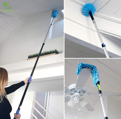 5-To-12 Foot Duster 3-Pack with Extension-Pole (20+ Foot Reach) | Hand-Packaged Cobweb Duster, Microfiber Feather Duster, Flexible Microfiber Ceiling & Fan Duster | Aluminum Telescopic Pole