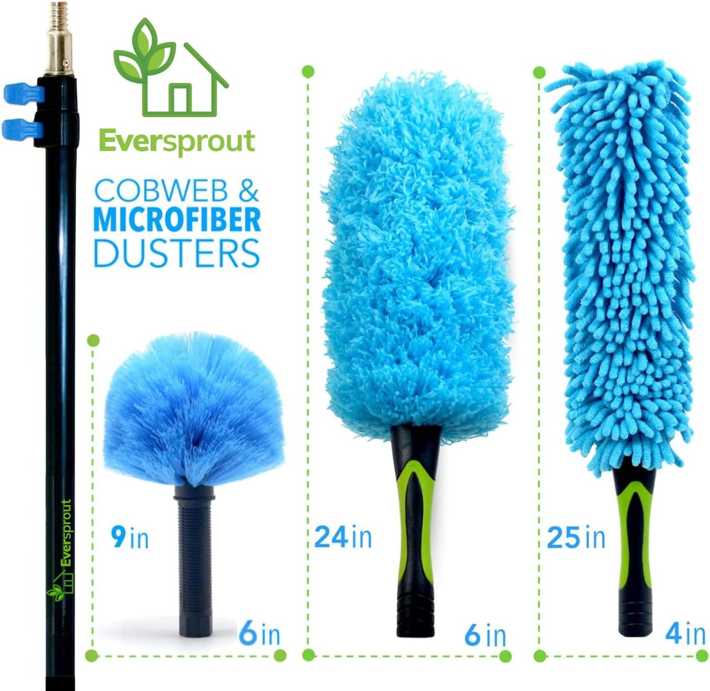 5-To-12 Foot Duster 3-Pack with Extension-Pole (20+ Foot Reach) | Hand-Packaged Cobweb Duster, Microfiber Feather Duster, Flexible Microfiber Ceiling & Fan Duster | Aluminum Telescopic Pole