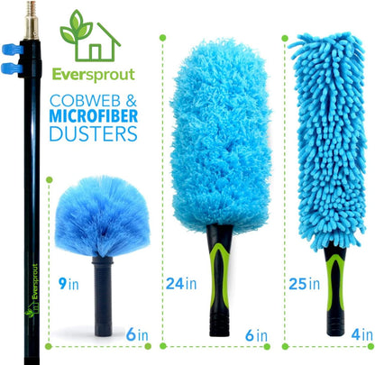 5-To-12 Foot Duster 3-Pack with Extension-Pole (20+ Foot Reach) | Hand-Packaged Cobweb Duster, Microfiber Feather Duster, Flexible Microfiber Ceiling & Fan Duster | Aluminum Telescopic Pole