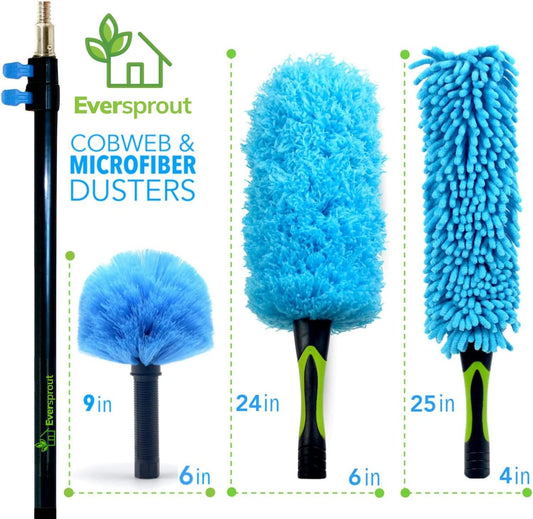 5-To-12 Foot Duster 3-Pack with Extension-Pole (20+ Foot Reach) | Hand-Packaged Cobweb Duster, Microfiber Feather Duster, Flexible Microfiber Ceiling & Fan Duster | Aluminum Telescopic Pole