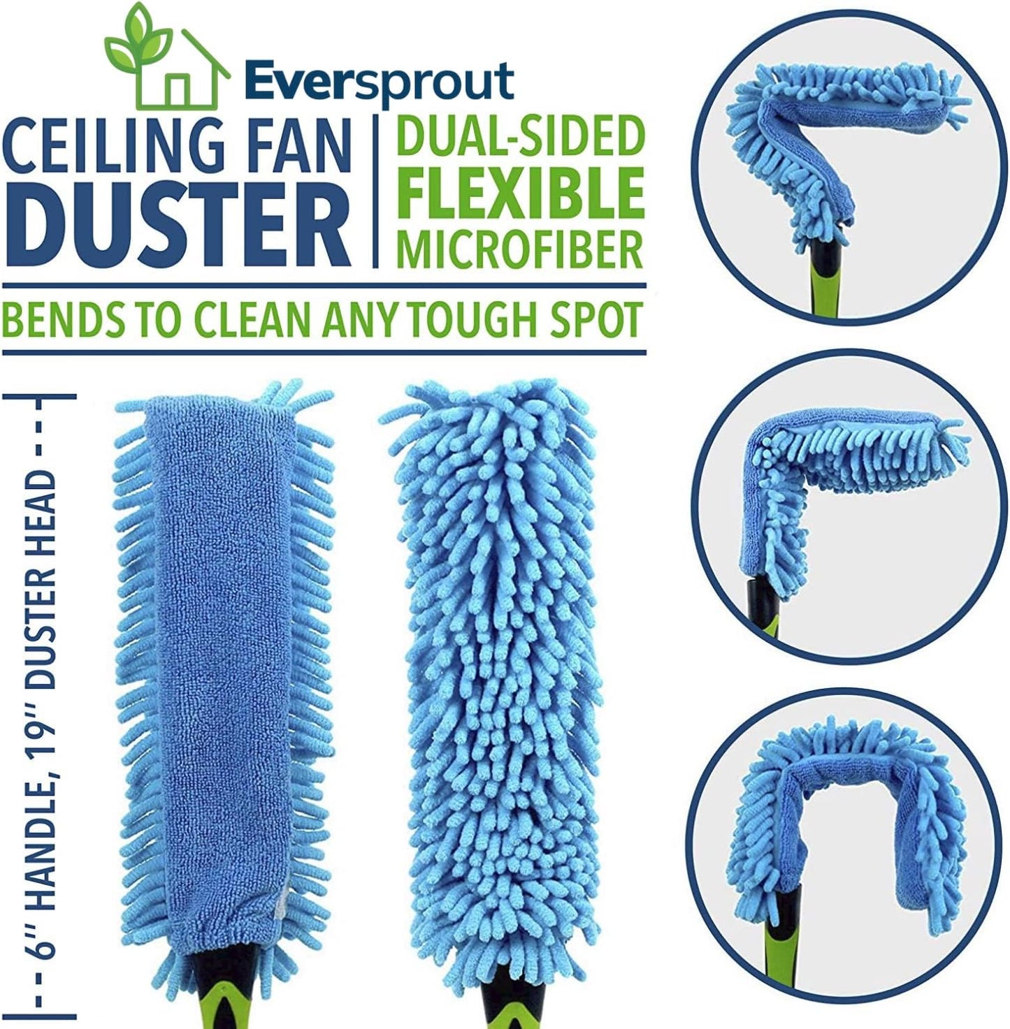 5-To-12 Foot Duster 3-Pack with Extension-Pole (20+ Foot Reach) | Hand-Packaged Cobweb Duster, Microfiber Feather Duster, Flexible Microfiber Ceiling & Fan Duster | Aluminum Telescopic Pole