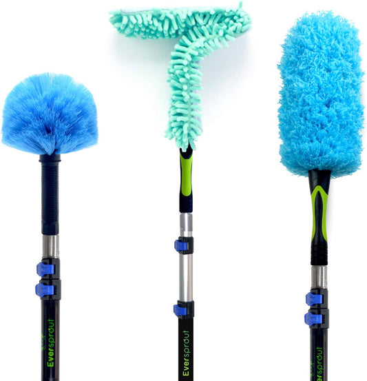 5-To-12 Foot Duster 3-Pack with Extension-Pole (20+ Foot Reach) | Hand-Packaged Cobweb Duster, Microfiber Feather Duster, Flexible Microfiber Ceiling & Fan Duster | Aluminum Telescopic Pole